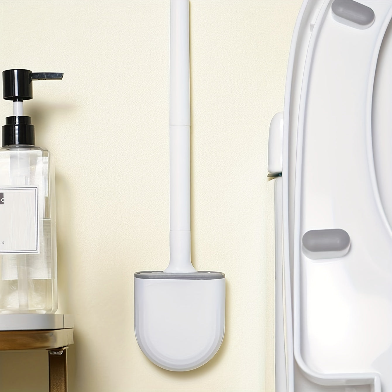 Conjunto de cepillo de inodoro de silicona sin esquinas, de montaje en pared, con mango largo para una limpieza fácil
