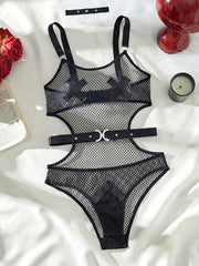 Black Mesh Bodysuit for Women with Bow Detail and Adjustable Straps