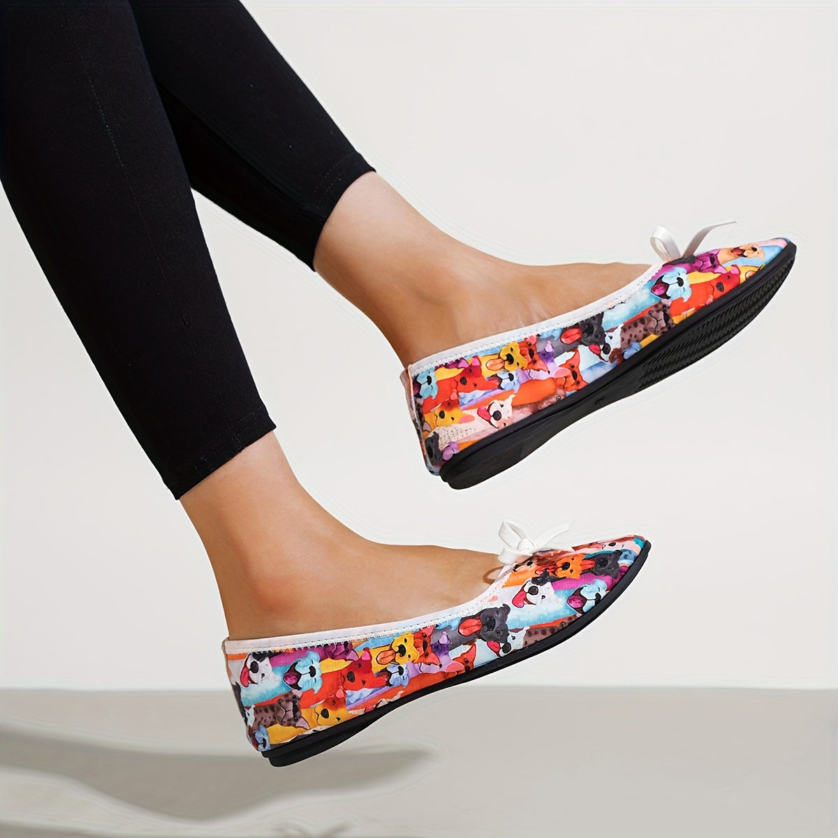 Zapatos planos de lona para mujer con estampado de dibujos animados y detalles de lazo