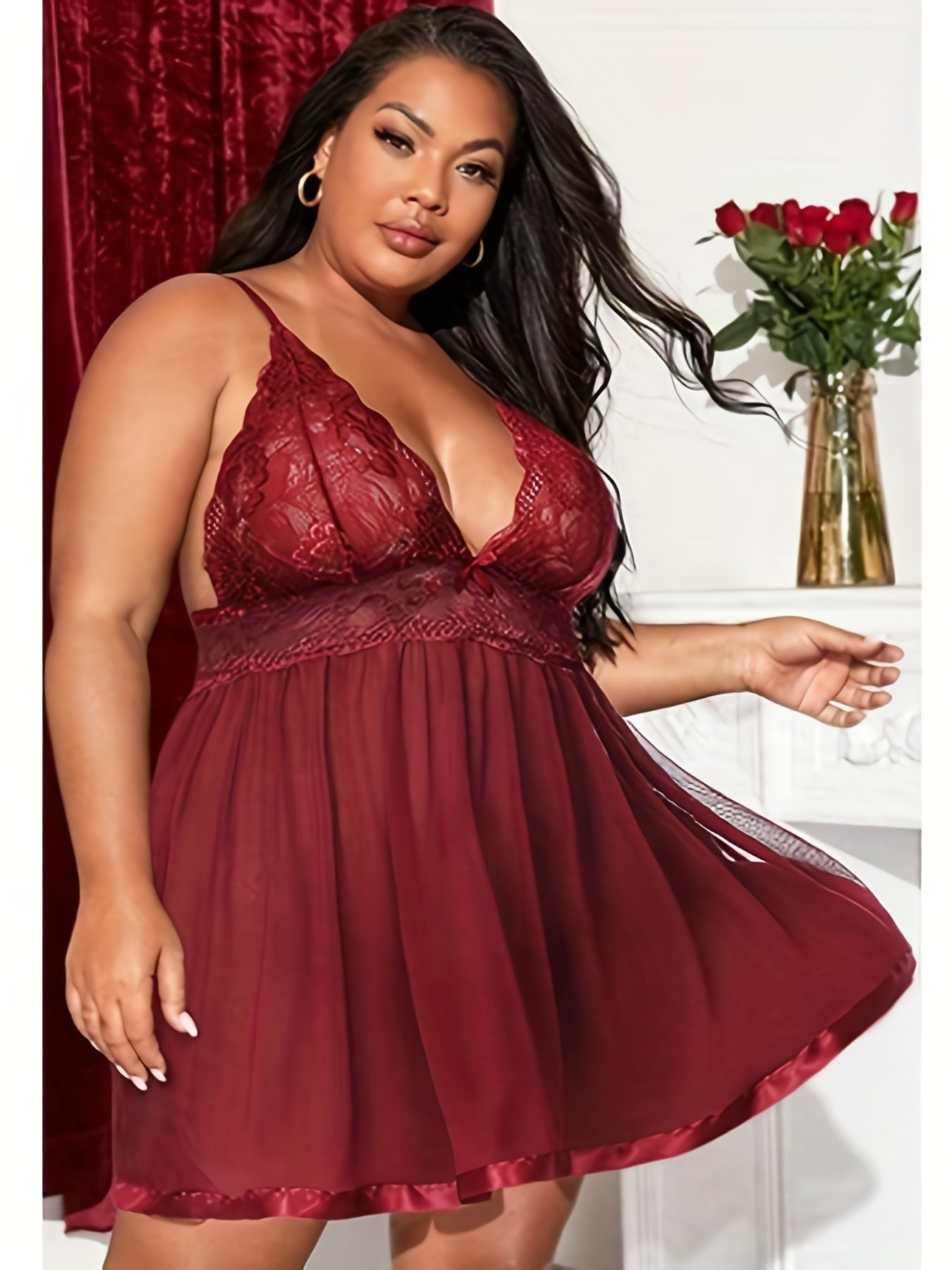 Pijamas de encaje de malla transparente para mujer talla grande con tanga