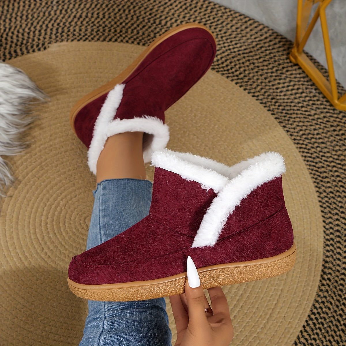 Women's Winter Plush Lined Slip-On Ankle Boots with Rubber Sole