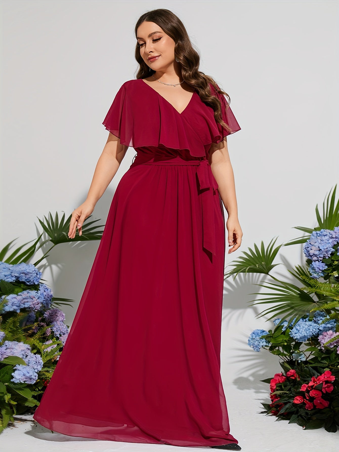 Plus Size V-Neck Chiffon Gown with Ruffled Sleeves and High Waist Purple
