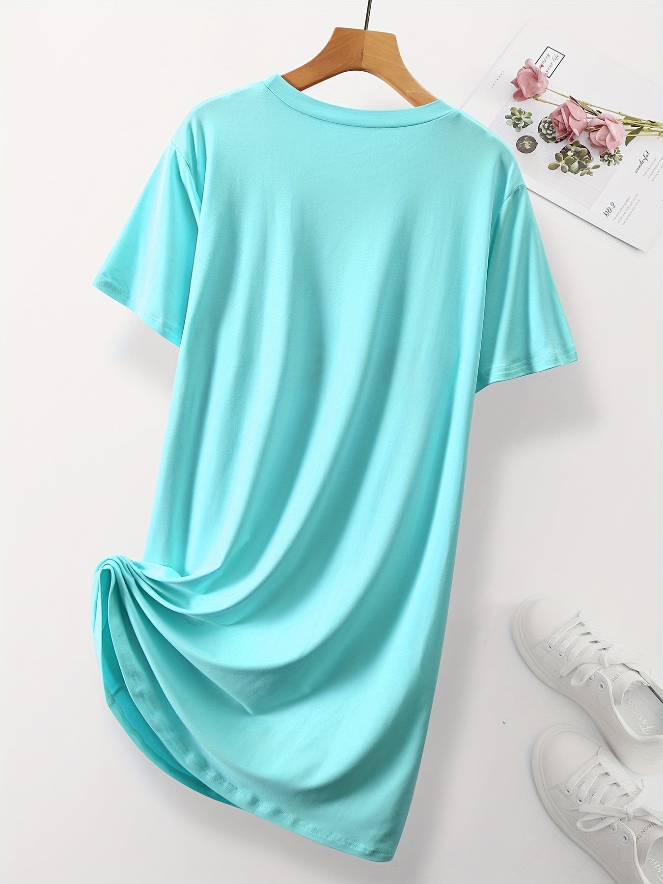 Women's Pink Cat Print Sleep Dress Short Sleeve Nightgown Lounge Wear