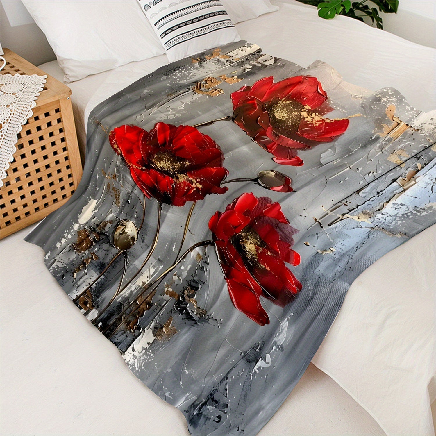 Contemporary Red Poppy Pattern Throw Blanket for Sofa Bed Travel Durable Polyester