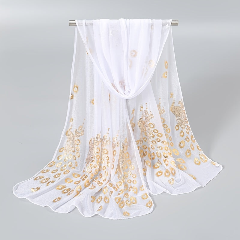 Women’s Peacock Print Lightweight Sun-Protective Polyester Scarf with Shimmering Foil