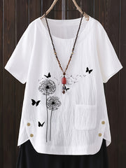 Women's Cotton Linen Floral Shirt with Button Details and Round Neck