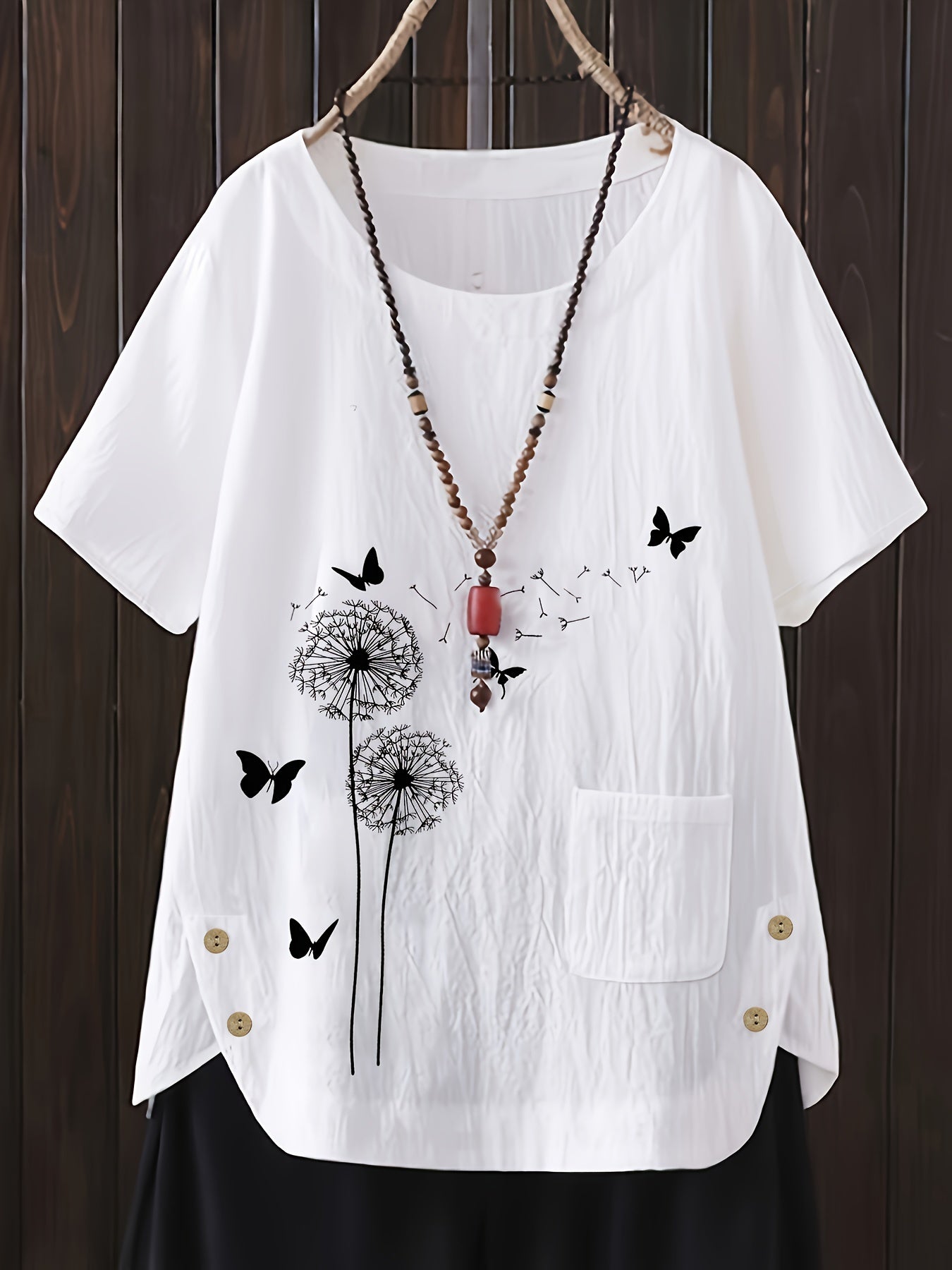 Women's Cotton Linen Floral Shirt with Button Details and Round Neck