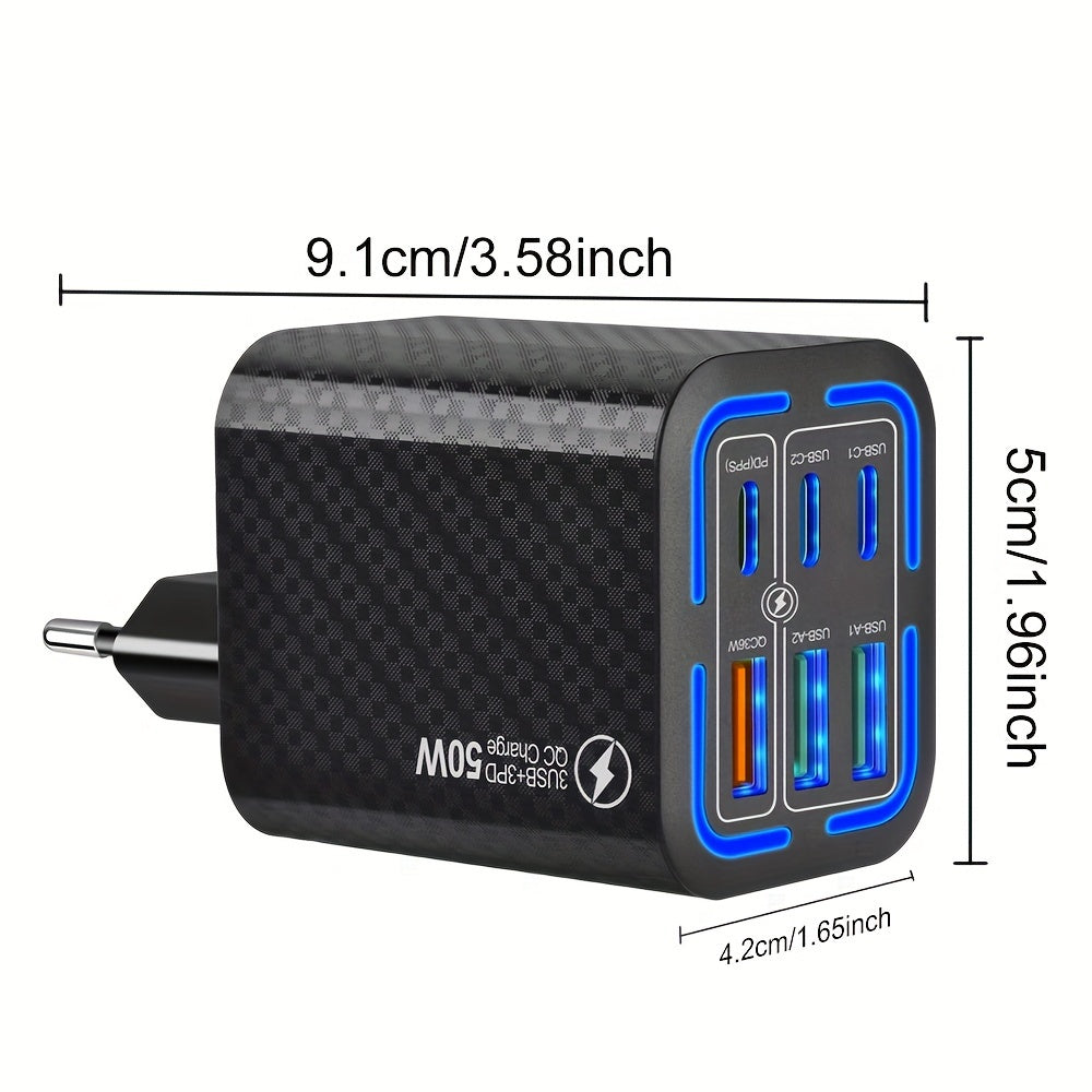 50W 6-port USB C зарядлагич тез зарядлаш кўп қурилма учун қуёш адаптери for iPhone ва Samsung