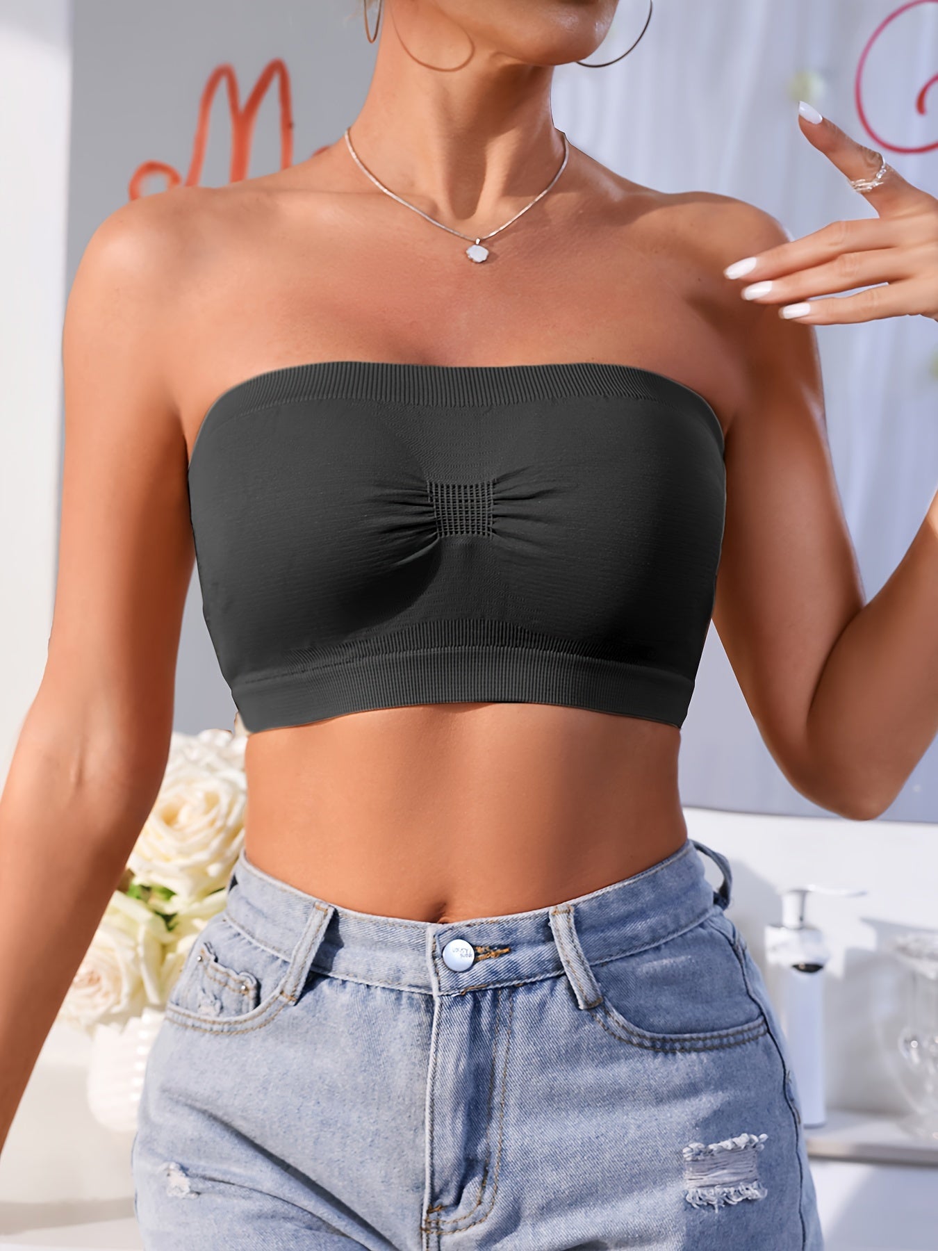 Women's Seamless Non-Slip Wire-Free Bralette Set Black Plus Size