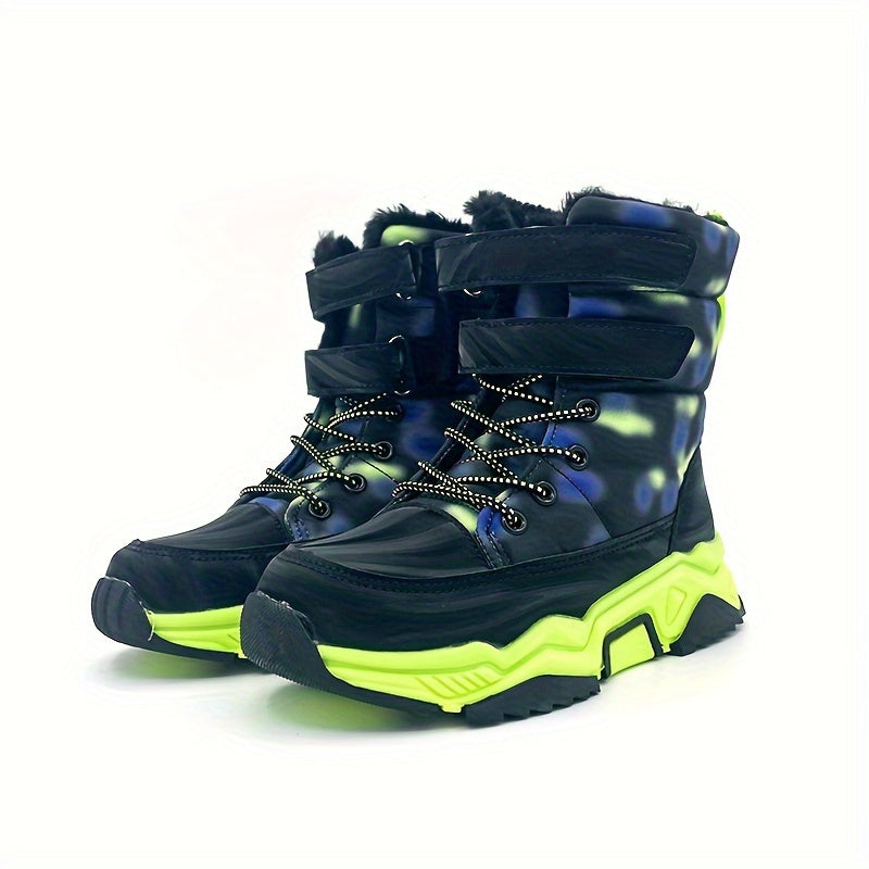 Boy's Camouflage Hiking Boots with Plush Lining Non-Slip Outdoor Shoes for Fall Winter