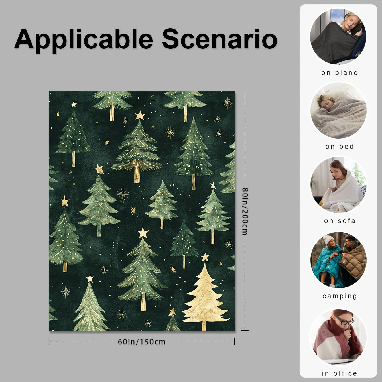 Green Christmas Tree Print Flannel Fleece Throw Blanket Soft Warm Machine Washable