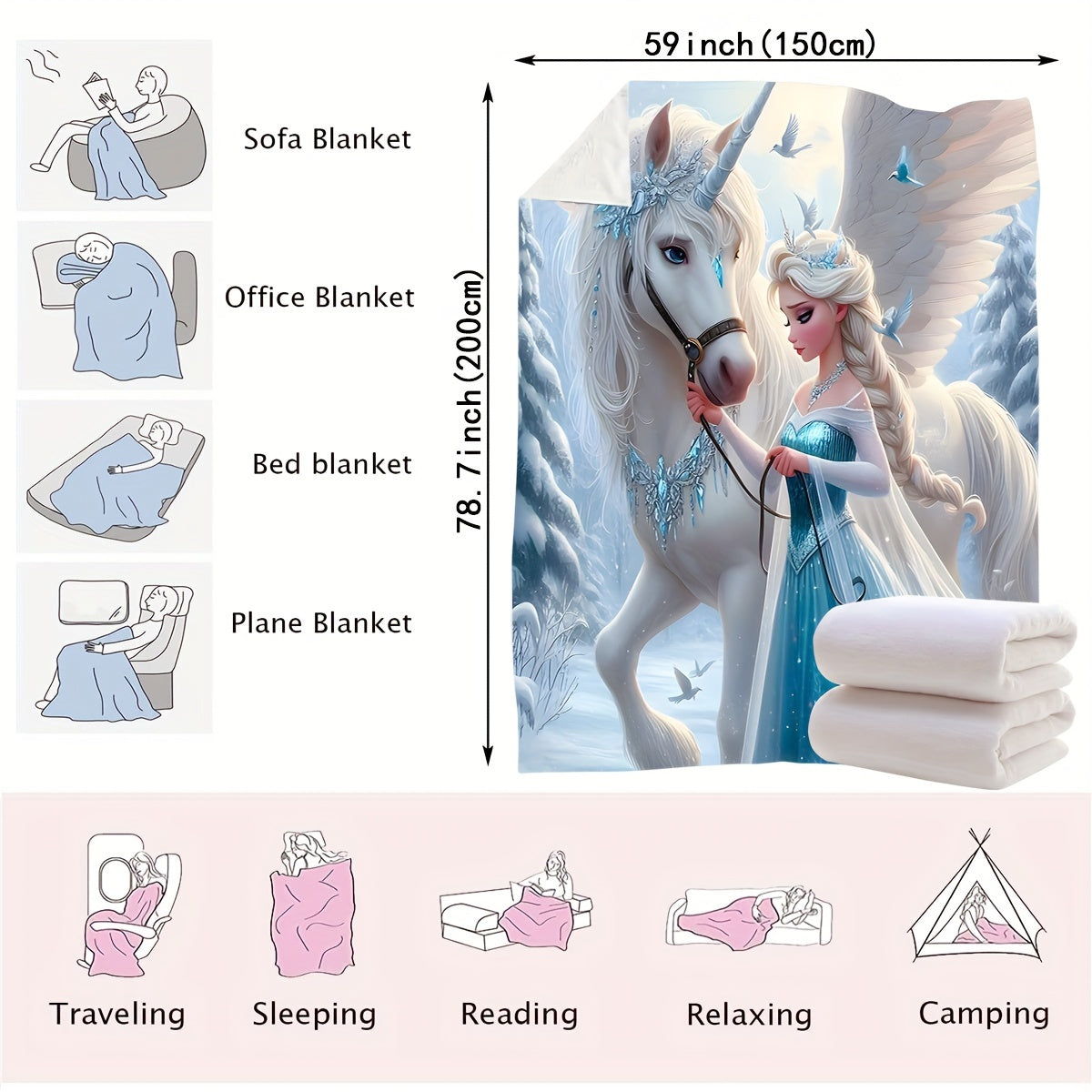 Unicorn Snow and Ice Art Blanket High-Necked Versatile Throw Bed Carpet Towel Quilt