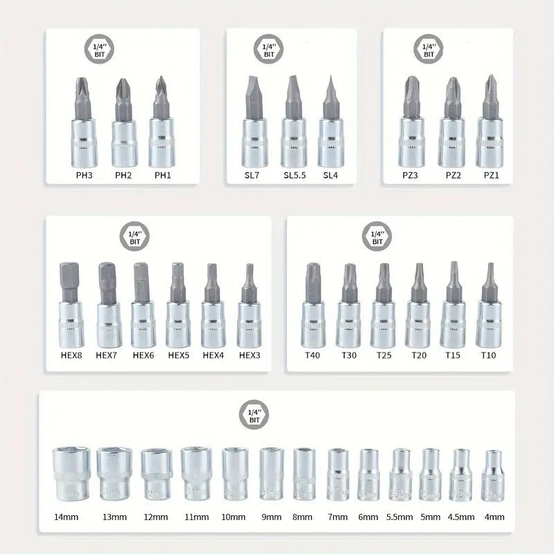 46-Donali rozetkali kalit seti, ratchet uzaytirgich va bitlar bilan, zanglamaydigan po'latdan.