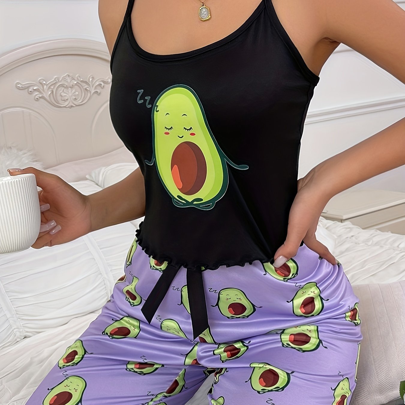 Conjunto de descanso para mujer con estampado gráfico, algodón-poliéster, top tipo camisón y pantalones