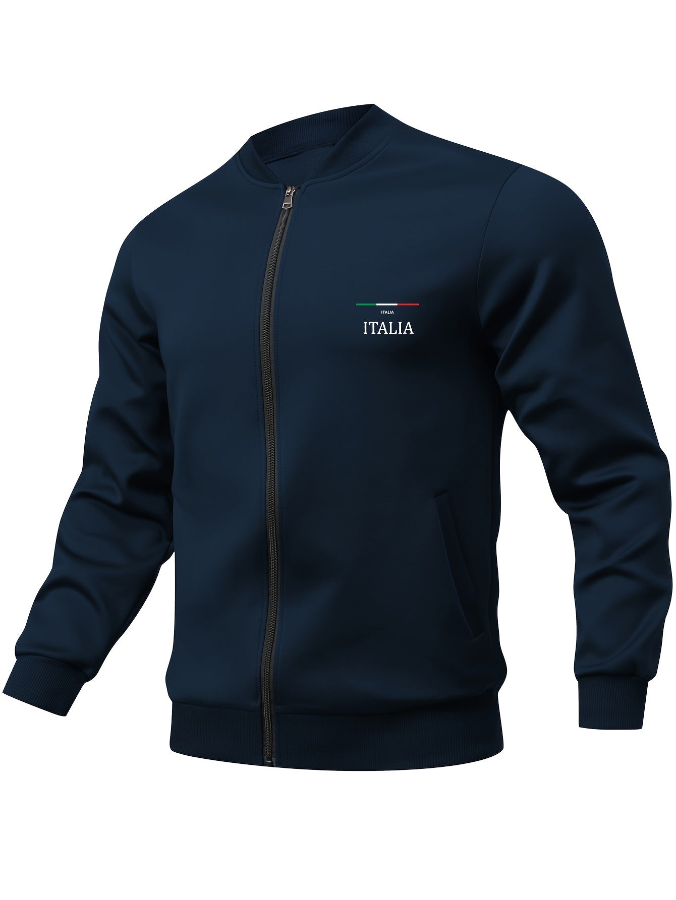 Men's Casual Geometric Pattern Polyester Knit Jacket with Zipper and Pockets