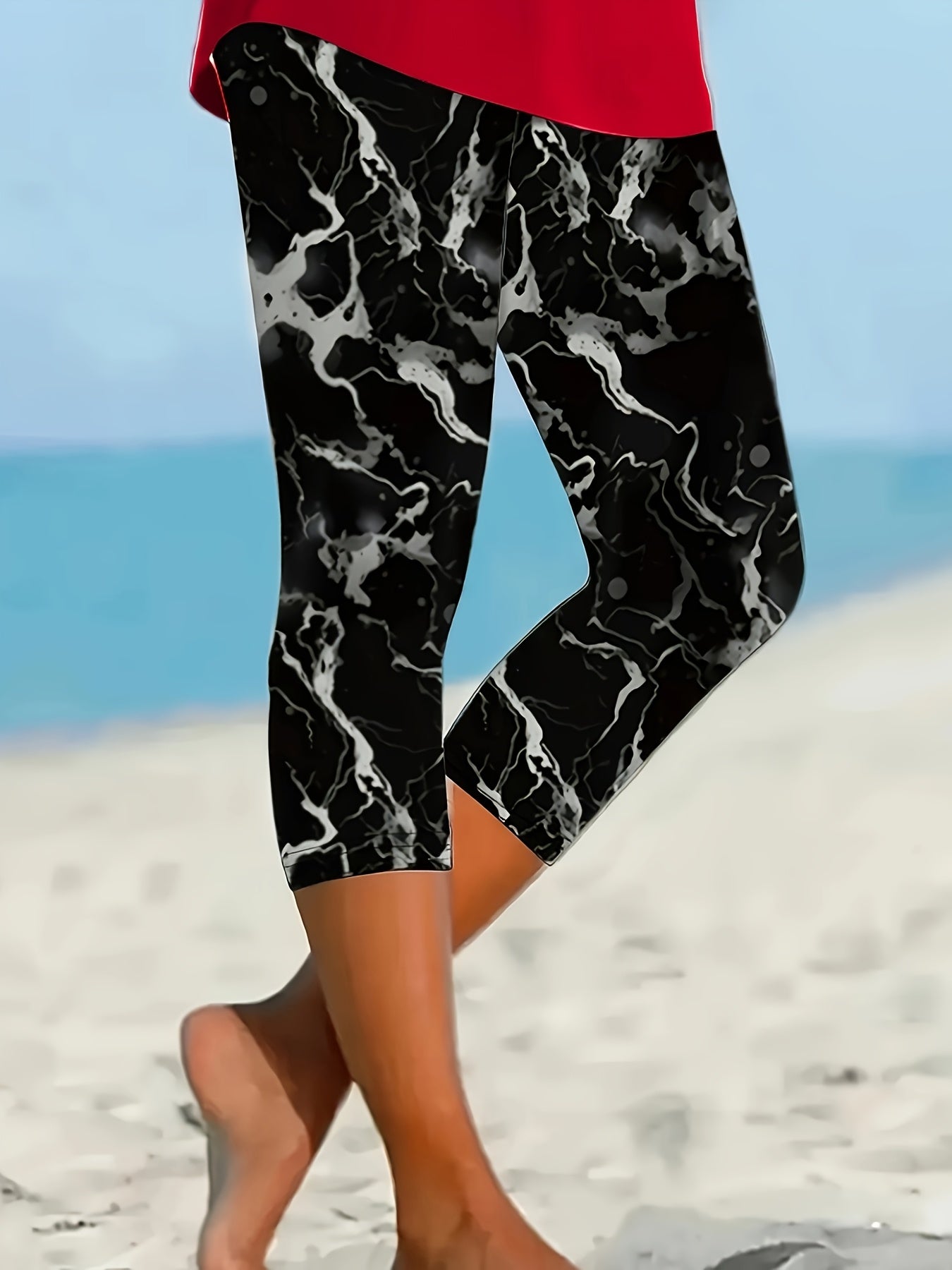 Women's Marble Print High-Waisted Yoga Pants Stretchy Workout Leggings