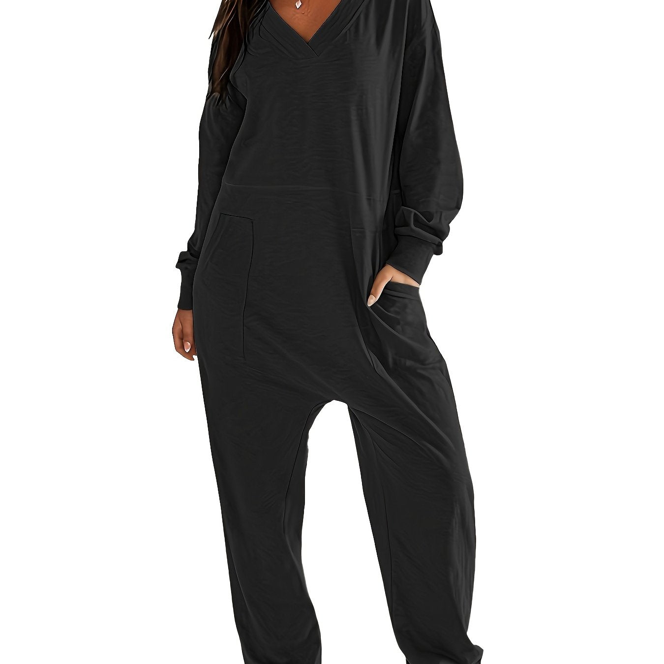 Women's Plus Size V-Neck Jumpsuit with Pockets and Stretch Fabric