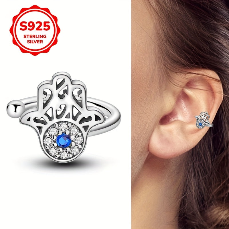 Sterling Silver Bohemian Lucky Hand Eye Earbone Clip Earrings Cubic Zirconia Women