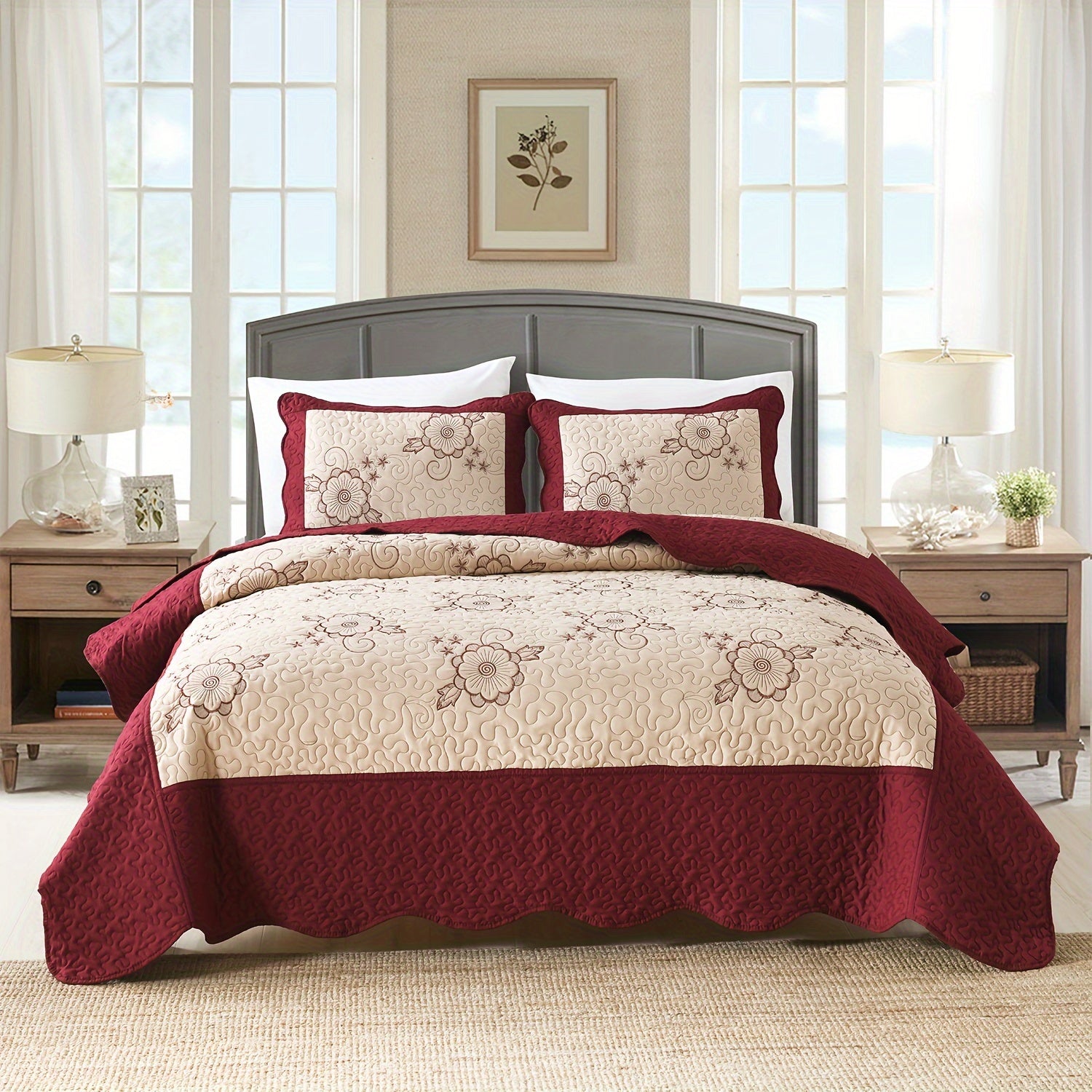 Red Quilt Cover Bedding Set with Flower Pattern Includes Bedspread and Pillowcases for Double Bed
