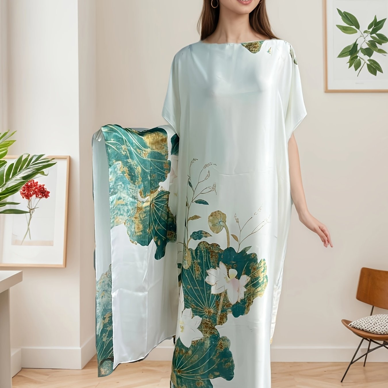 Women's Plus Size Floral Print Maxi Kaftan Dress with Scarf, Loose Fit