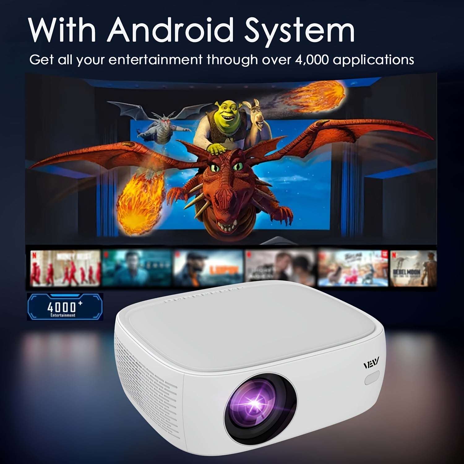 Wireless 1080P Smart Projector with WiFi, Big Screen HD Home Theater