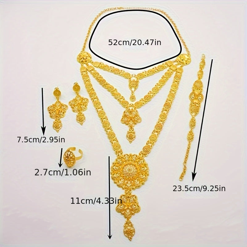 Vintage Bohemia Zinc Alloy Jewelry Set with Hollow Flower Necklace and Dangle Earrings