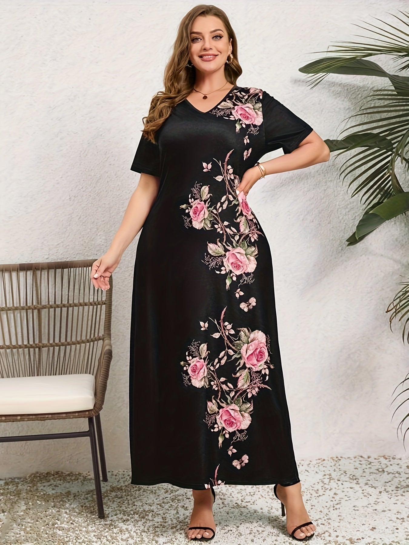 Plus Size Floral Print Slim Dress V-Neck Short Sleeve for Spring Summer Vacation
