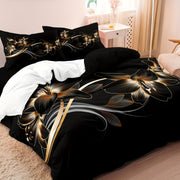 Black and Gold Floral Duvet Cover Set 100% Polyester with Zipper Closure and Pillowcases