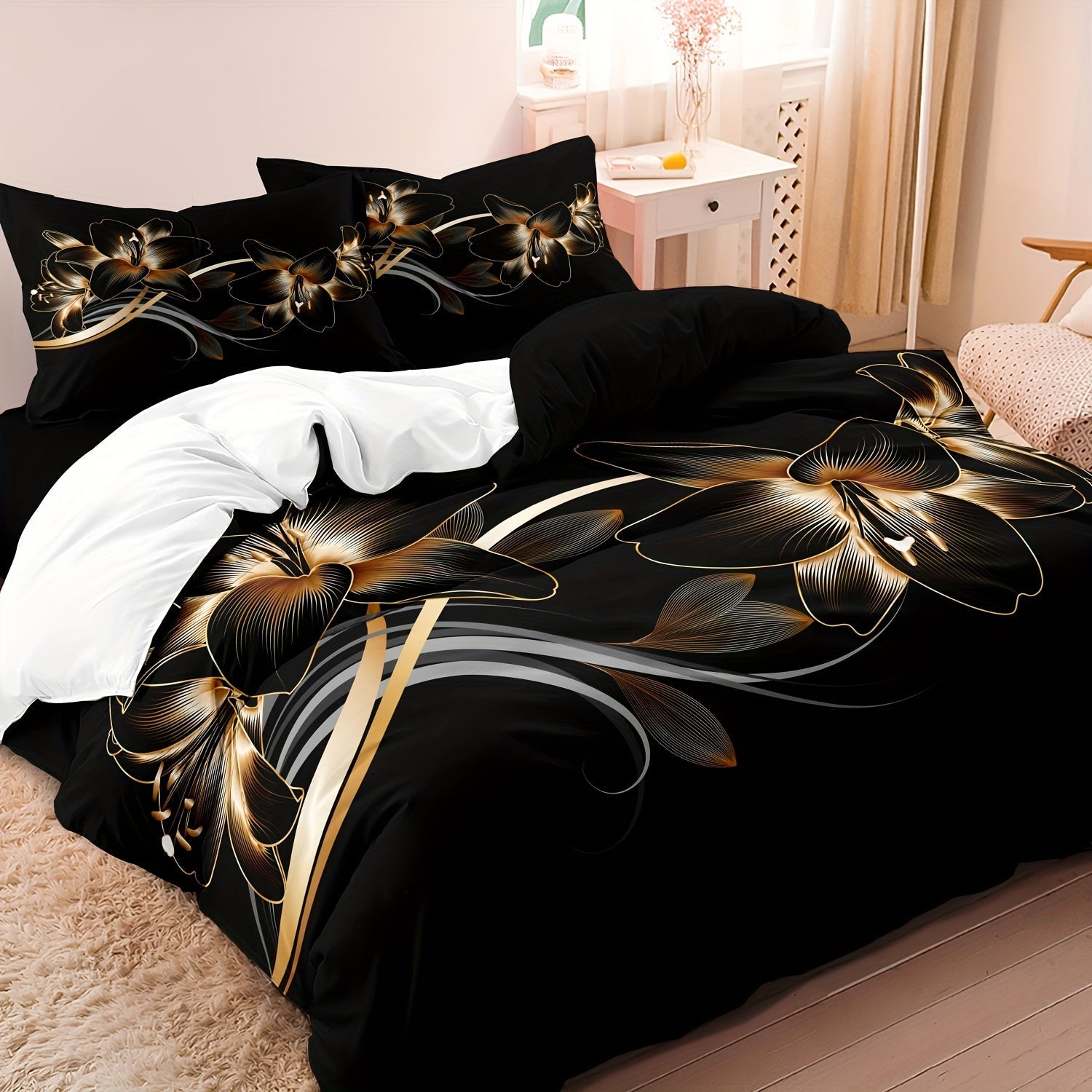 Black and Gold Floral Duvet Cover Set 100% Polyester with Zipper Closure and Pillowcases