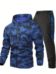 Men's Camouflage 2-Piece Casual Outfit Hooded Jacket and Breathable Pants