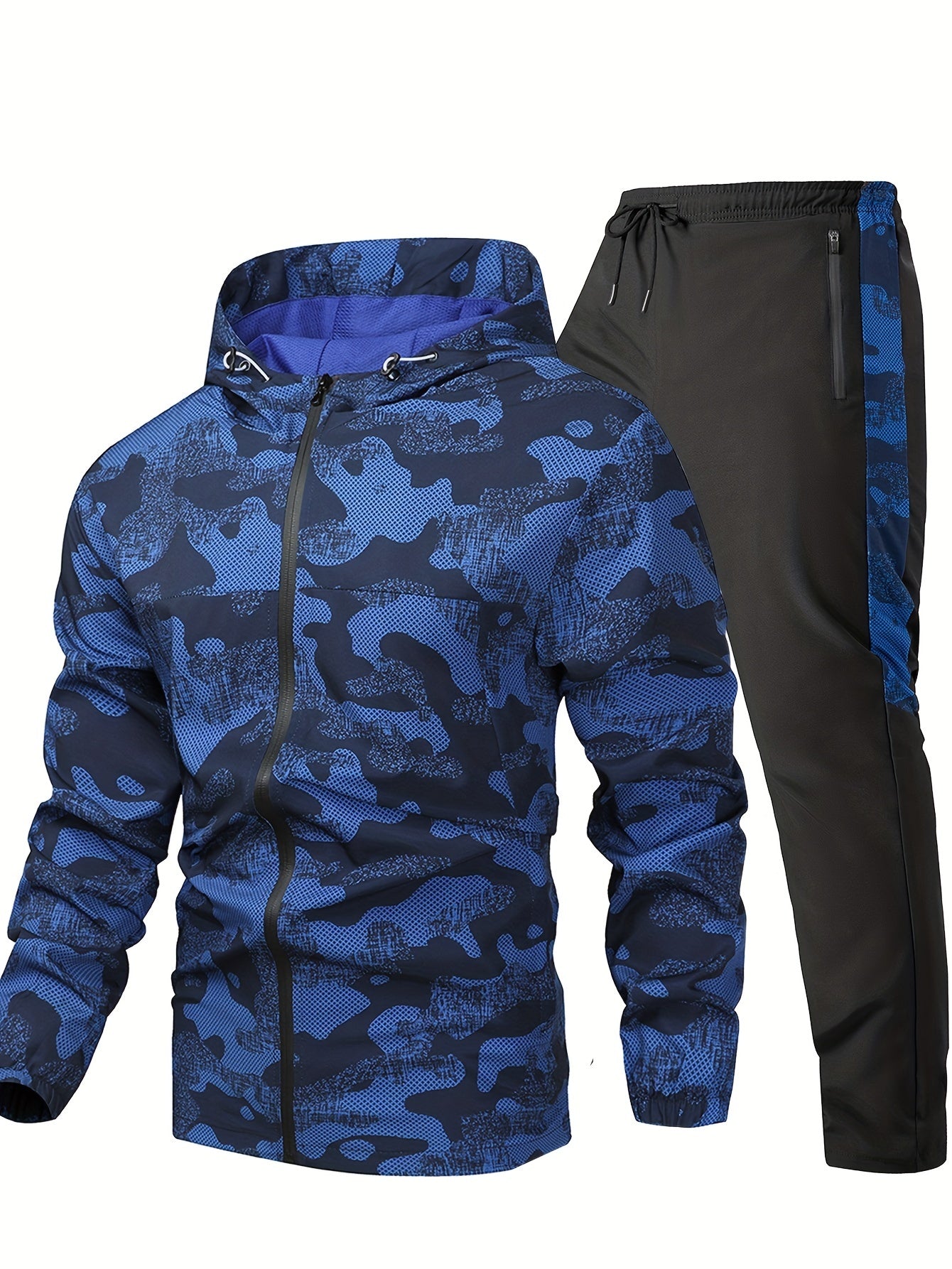 Men's Camouflage 2-Piece Casual Outfit Hooded Jacket and Breathable Pants