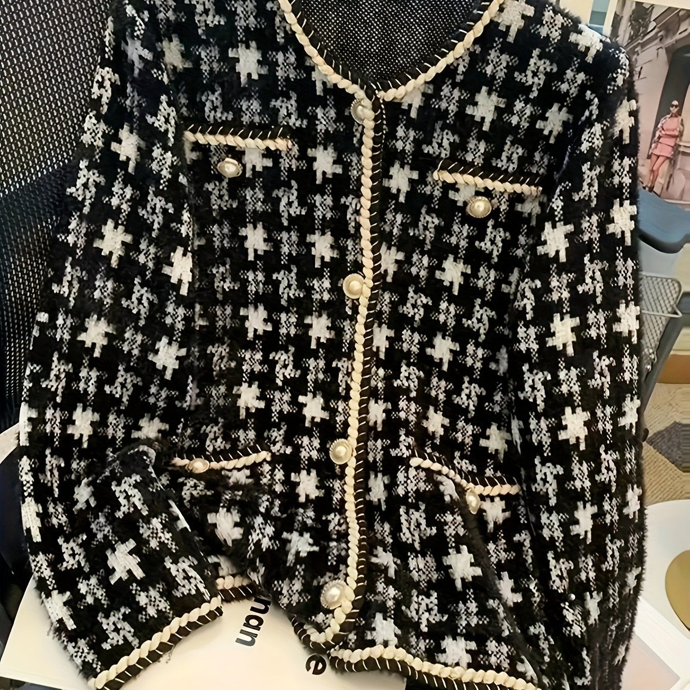 Women's Houndstooth Knit Cardigan Long Sleeve Open Front Fall Spring Casual