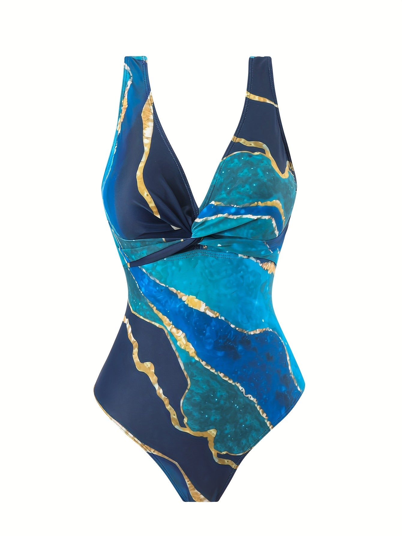 Women's Marble Print Swimsuit Set with V-Neck One-Piece and Cover Up Sarong