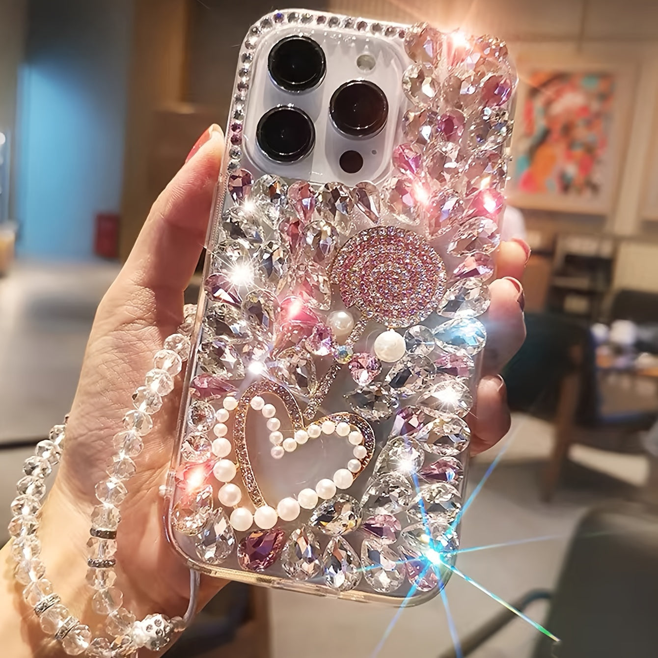 Luxury Pink Crystal TPU Phone Case with Rhinestones and Lanyard for iPhone 16 Pro Max and 15 Plus