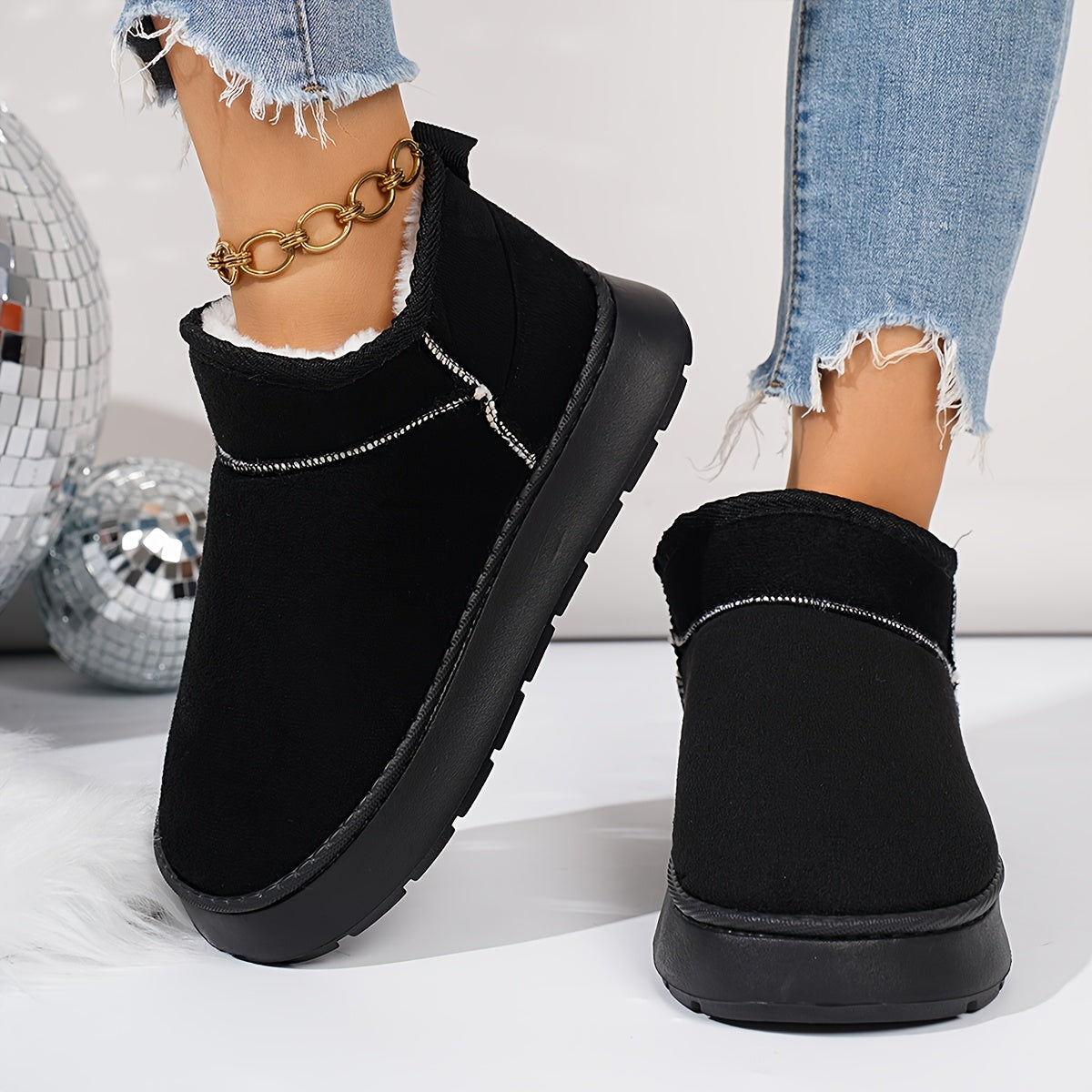 Women's Fleece Slippers with Gold Chain Ankle Strap, Non-Slip Sole, Plush Lining