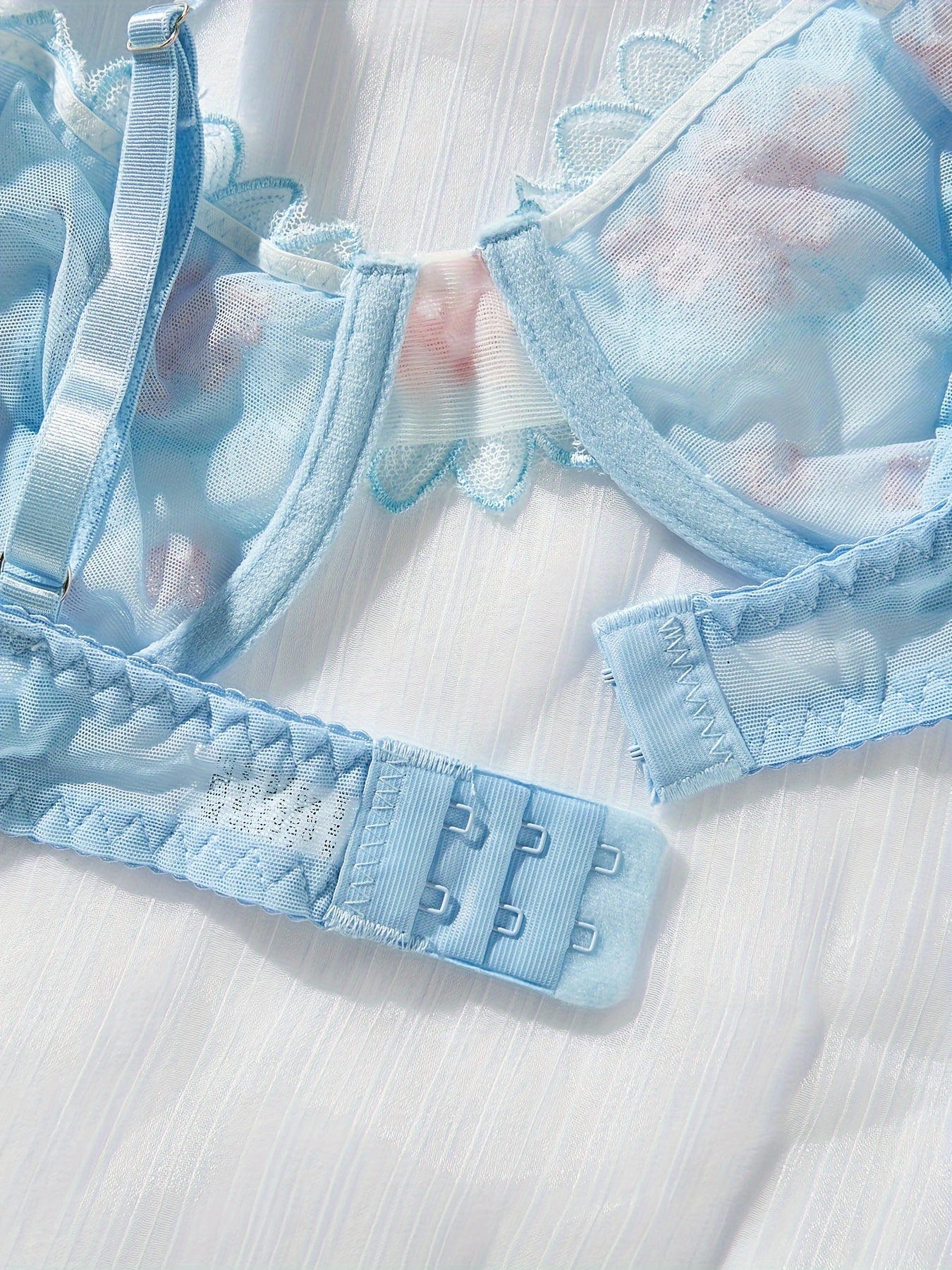 Women's Floral Embroidered Mesh Lingerie Set with Unlined Bra and Thong