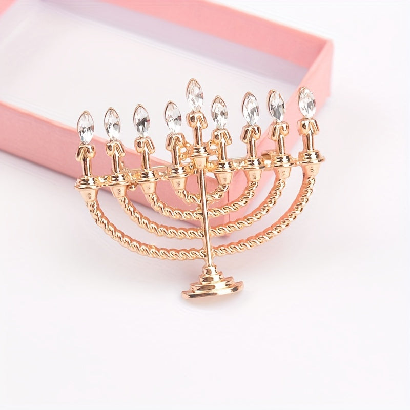 Gold-Tone Hanukkah Menorah Brooch with Rhinestones Alloy Jewelry