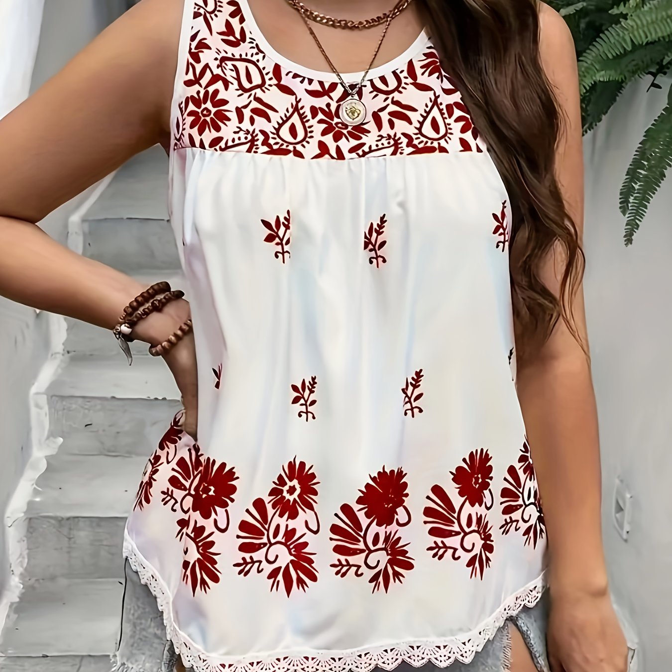Blusa sin mangas de talla grande para mujer con encaje, estampado floral, primavera y verano, casual