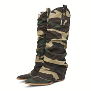 Ayollar uchun Camo print Western chiroqlari kvadrat barmoqli, qalin o'rta poyabzal, tizzaga qadar uzunlikdagi poyabzal