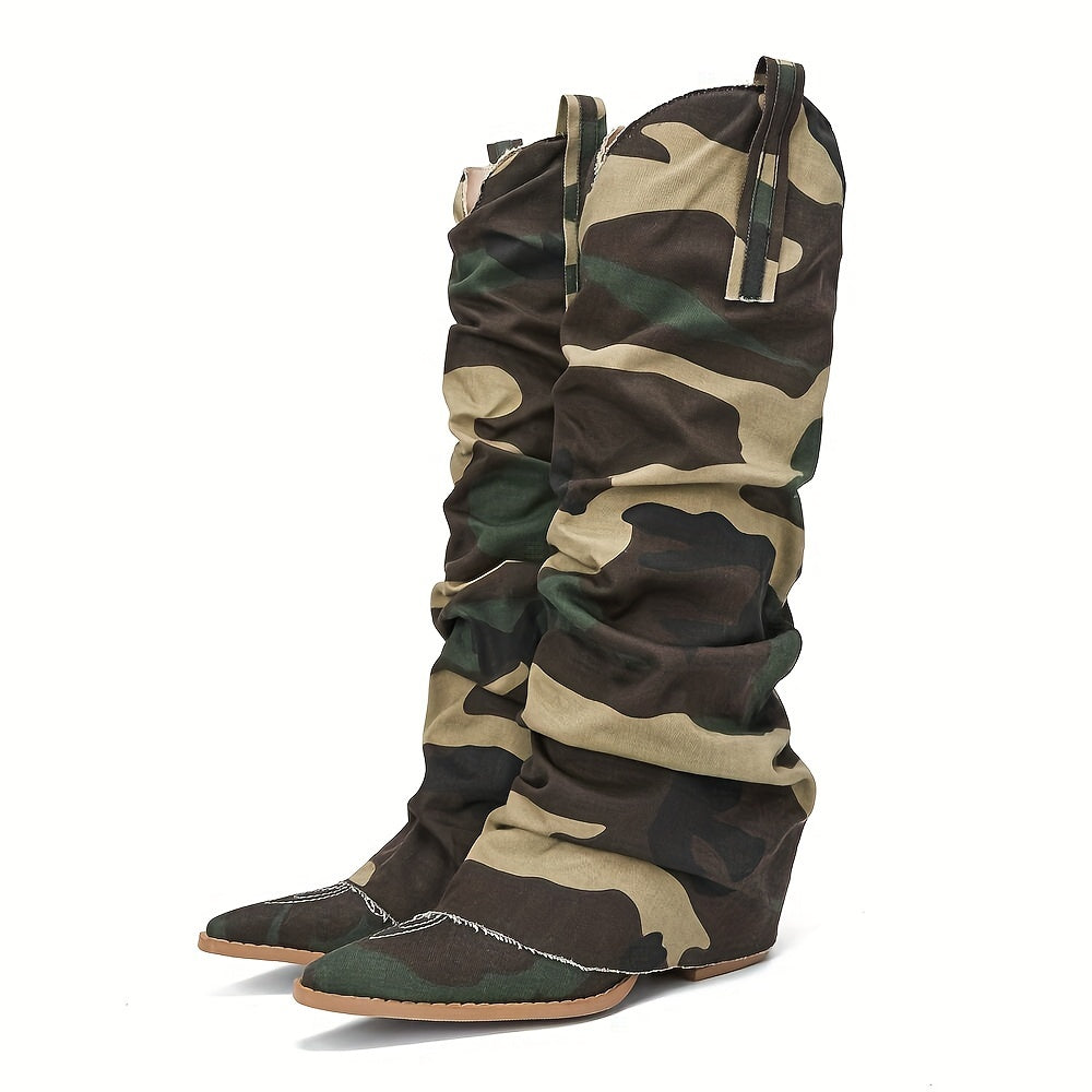 Ayollar uchun Camo print Western chiroqlari kvadrat barmoqli, qalin o'rta poyabzal, tizzaga qadar uzunlikdagi poyabzal