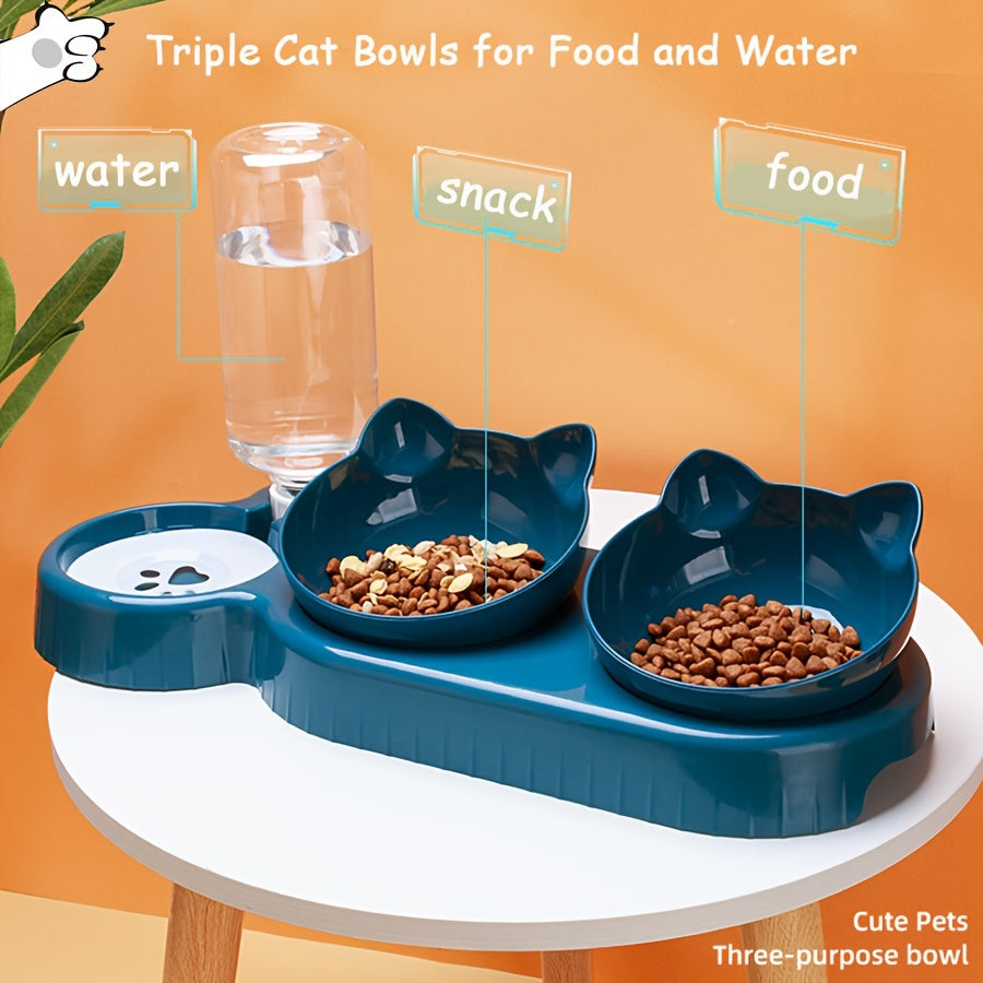 Juego de platos para gatos triple con dispensador de agua automático, platos de plástico inclinados y giratorios para comida, agua y snacks