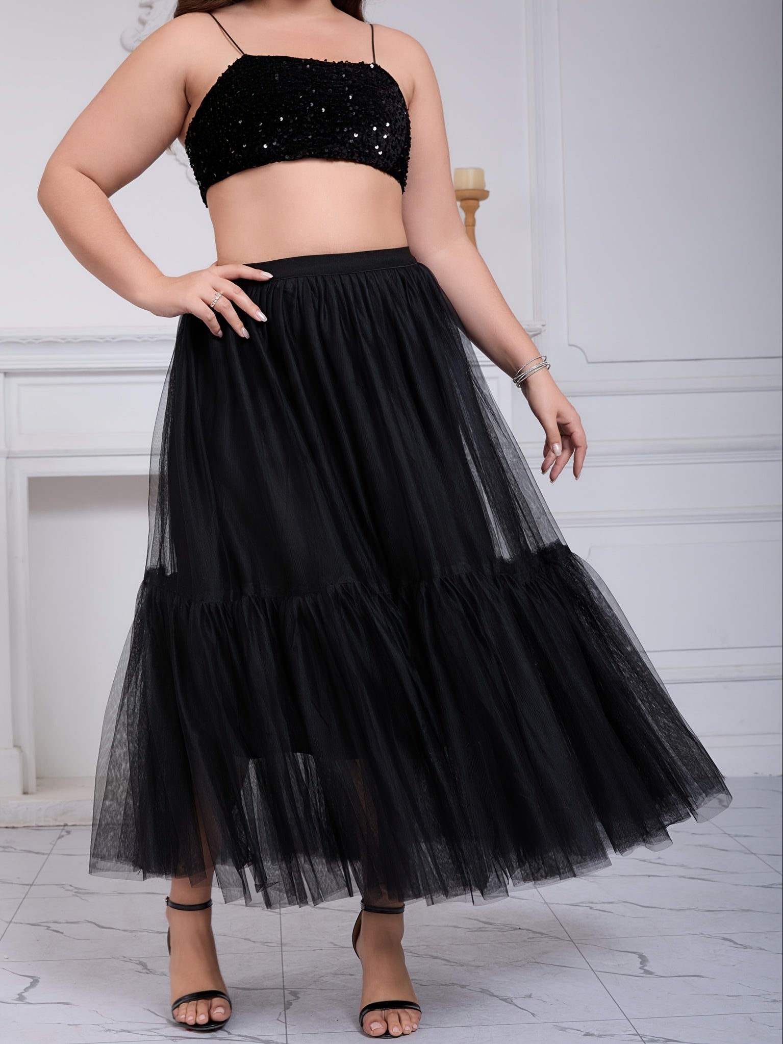 Women's Black Mesh Maxi Skirt Tiered High-Waisted Casual Elegant