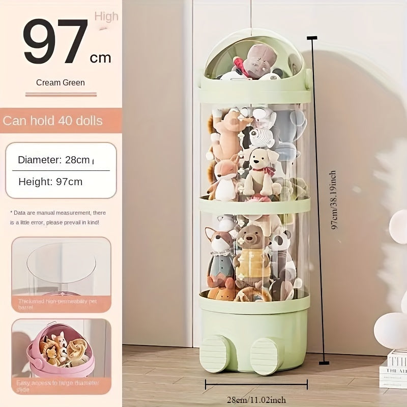 Qoplamali, dumaloq plastik qiziquvchi quti, qopqog' bilan. Yumshoq o'yinchoqlar, qiziquvchilar va turli xil buyumlar uchun ideal. Uy tashkiloti va sovg'alar uchun mukammal, shuningdek, bayram bezaklari uchun ham foydalanish mumkin.