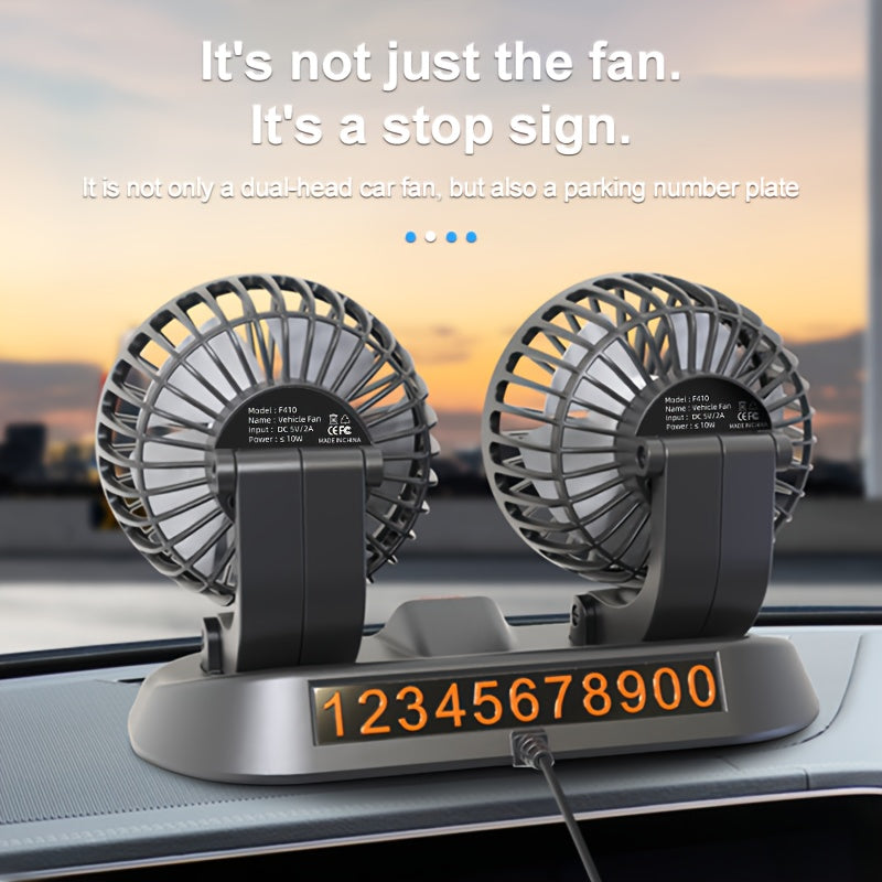 Dual Head Portable Car Fan with 5-Blade Turbo Airflow, USB Powered