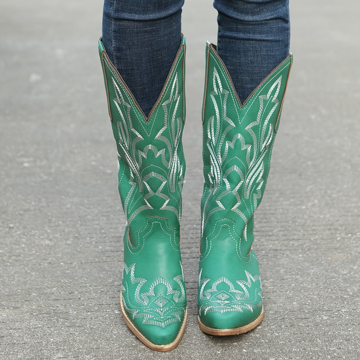Women's Mid Calf Leather Western Cowboy Boots With Embroidery