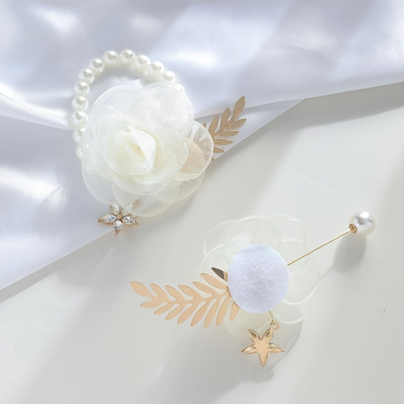 Bridal Party Wrist Corsage and Boutonniere Set with Faux Pearls and Rhinestones