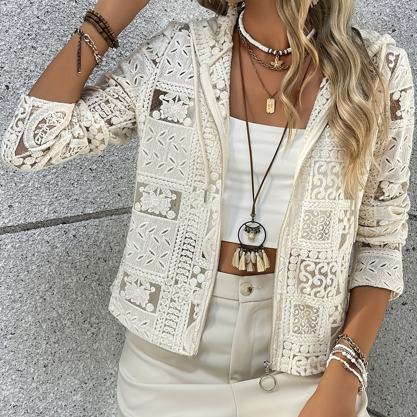Women's Beige Lace Hooded Cardigan Lightweight Zip-Up Long Sleeve Casual
