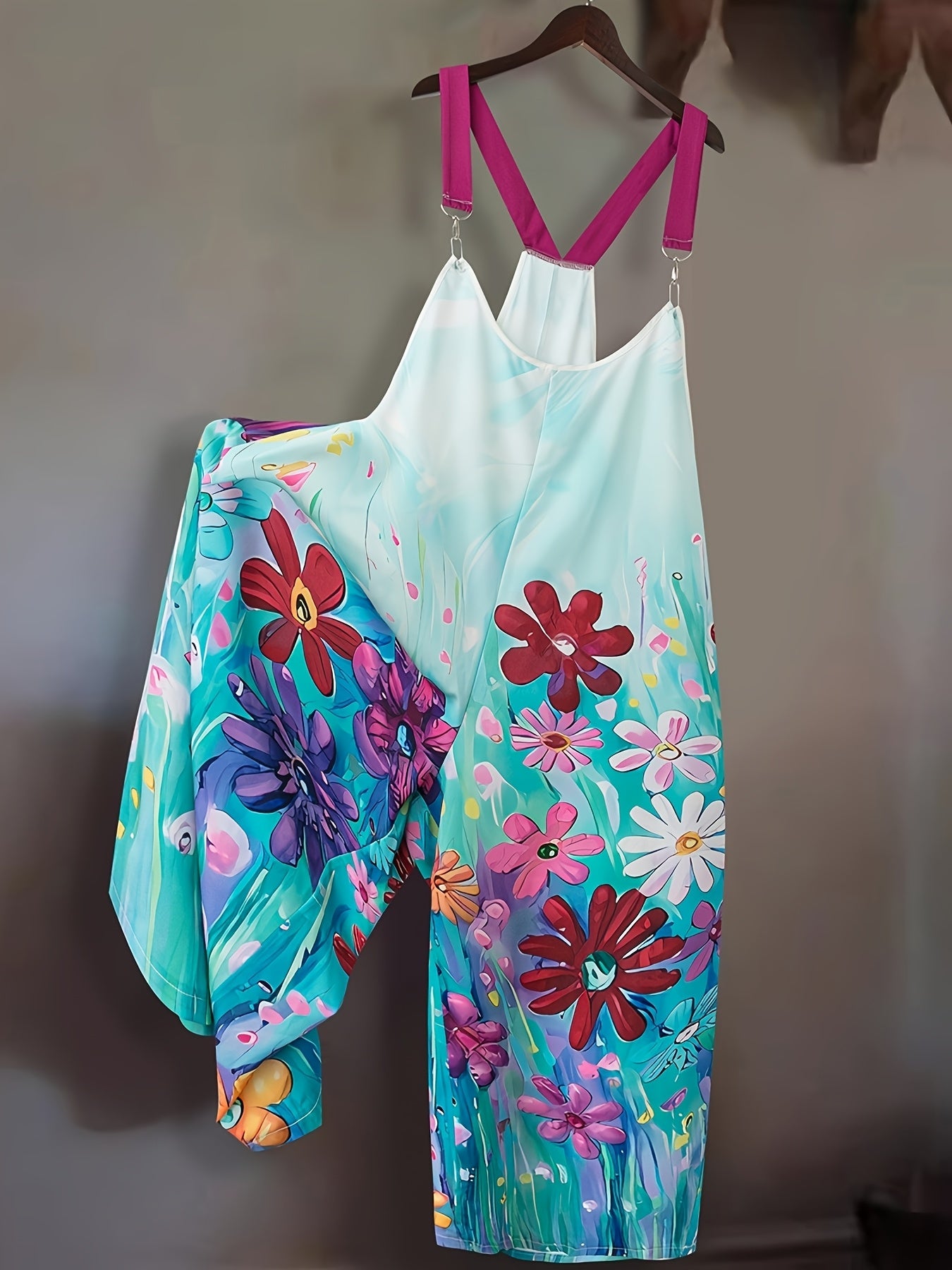 Women's Black Floral Print Suspender Jumpsuit Casual Polyester Round Neck