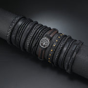 Set of 10 Multi-Layer Woven Bracelets with Peace Tree Design in Black PU Leather