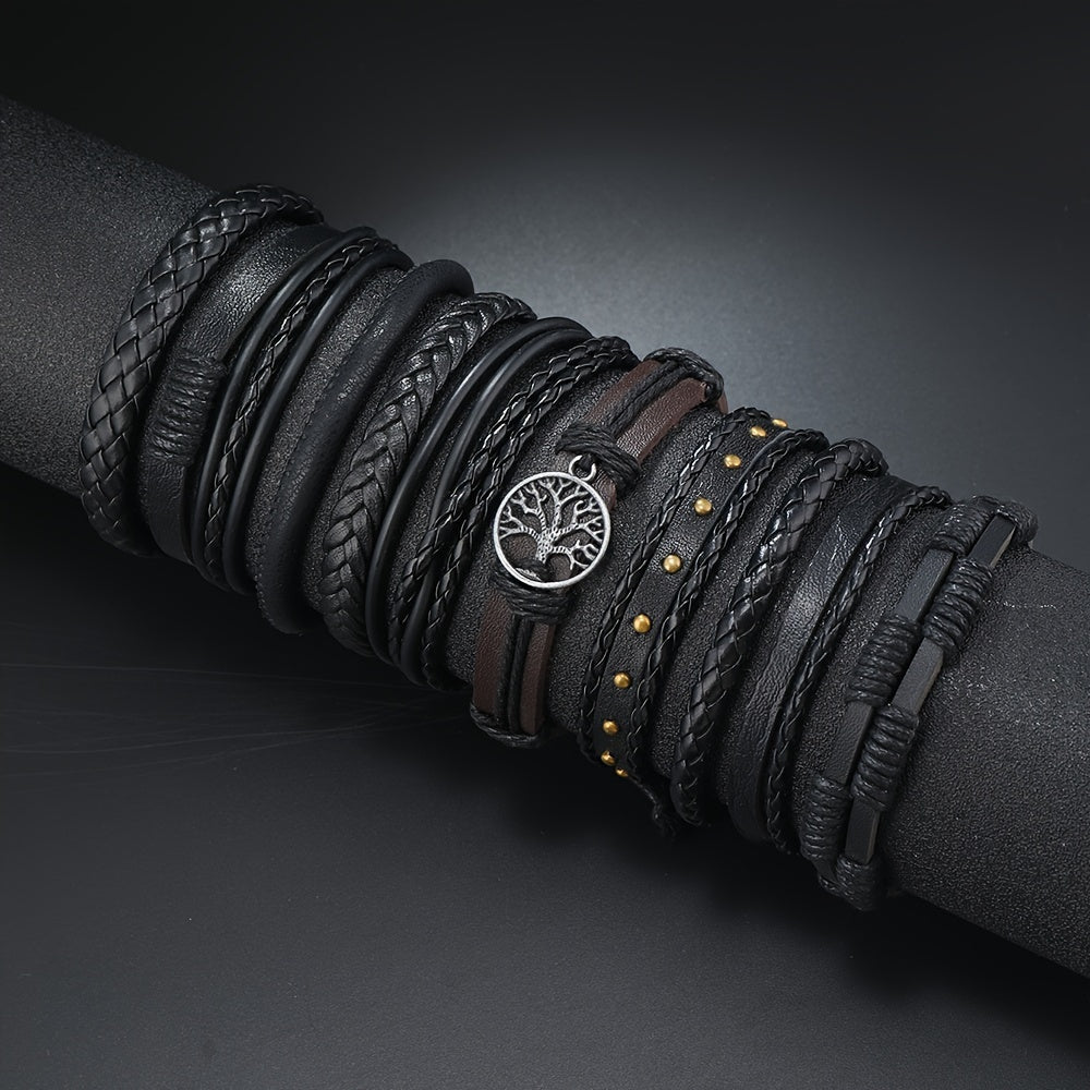 Set of 10 Multi-Layer Woven Bracelets with Peace Tree Design in Black PU Leather